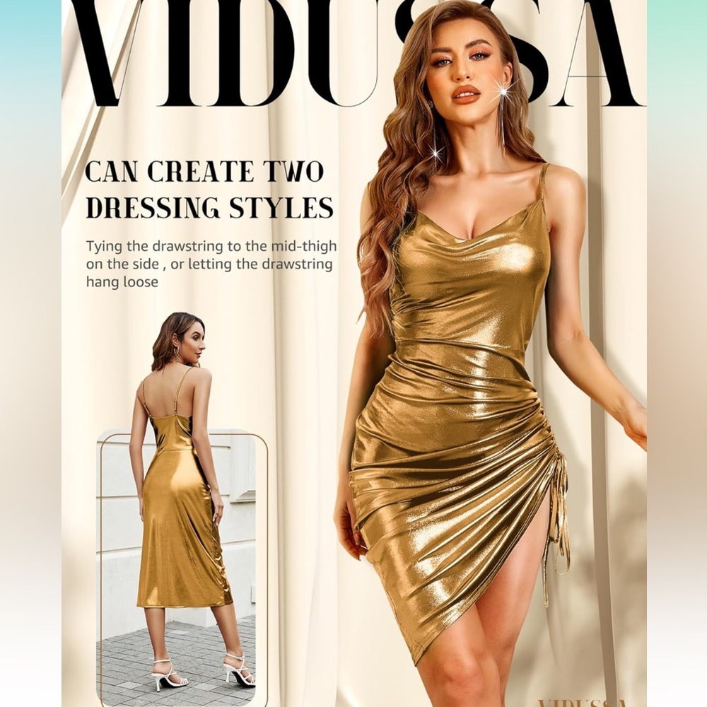 NWT Gold/Bronze Adjustable Length Ruched Dress - Picture 2 of 5